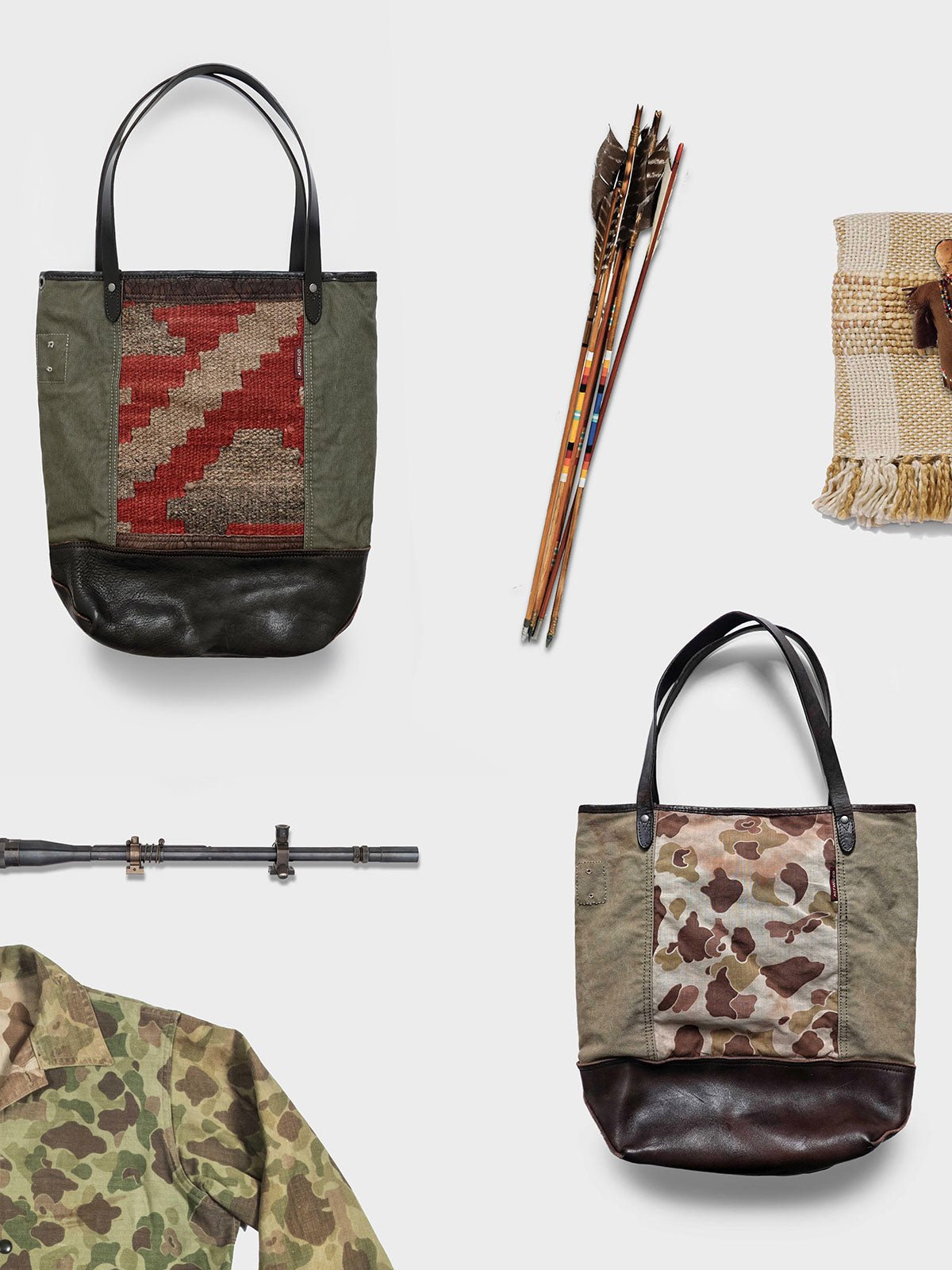 製品画像: インディアンラグヴィンテージキャンバストートバッグの正面画像。キャンバスとレザーを組み合わせた12Lの大容量設計。
詳細画像: ヴィンテージトートバッグのレザーとウールラグのコンビネーションディテール画像。独特のデザインが特徴的な素材の組み合わせ。