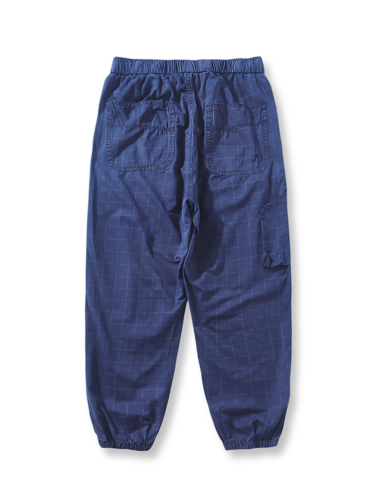 製品画像: ヴィンテージウォッシュインディゴツイルチェック柄ジョガーワークパンツ、アウトドア向け、通気性、耐久性
