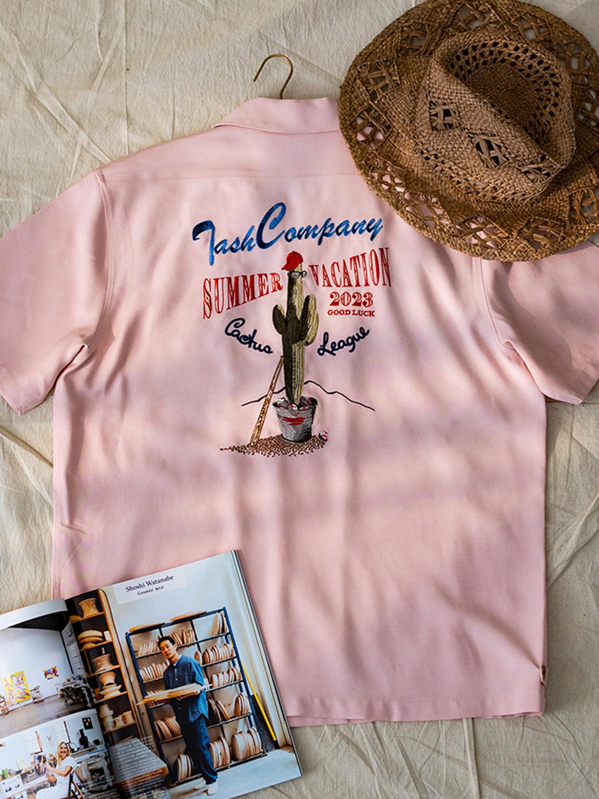 サボテン刺繍入り野球柄ハワイアンシャツ細部図