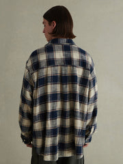ブルー×ベージュ 天竺綿 チェック柄 シャツ
