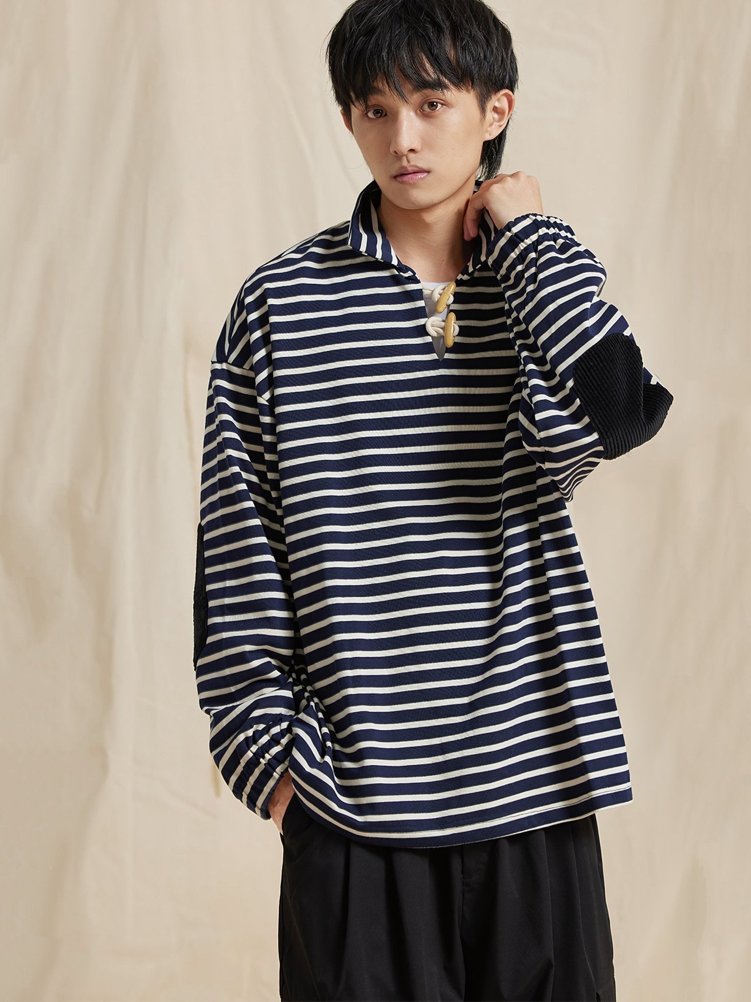 エルボーパッチ ストライプ柄 長袖Tシャツ -PESSOA CLUB