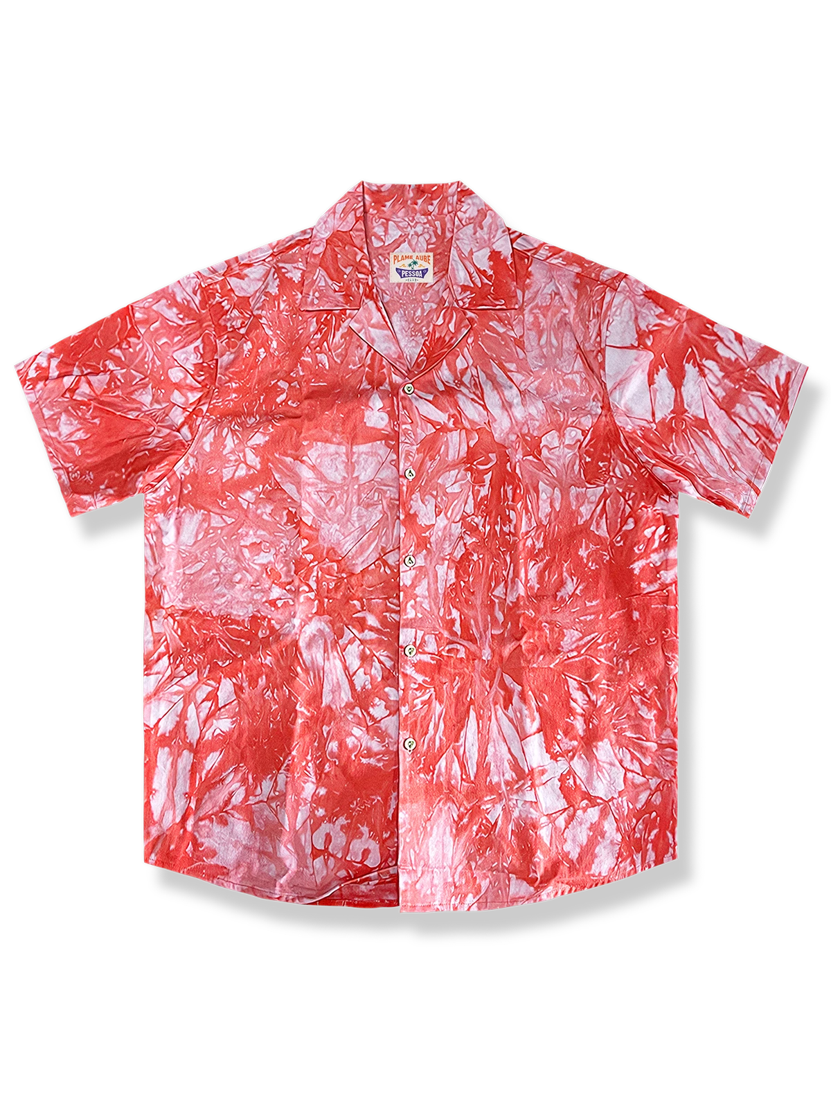 ピンクのパームツリー柄とルーズフィットが特徴の混紡キューバカラーアロハシャツ