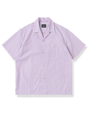 ピンクストライプ柄キューバシャツ、淡ピンク×青ストライプ、ルーズフィット、パールボタン、純綿素材