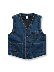 植物藍染めと剣道着風デザインの多ポケットワークベスト。