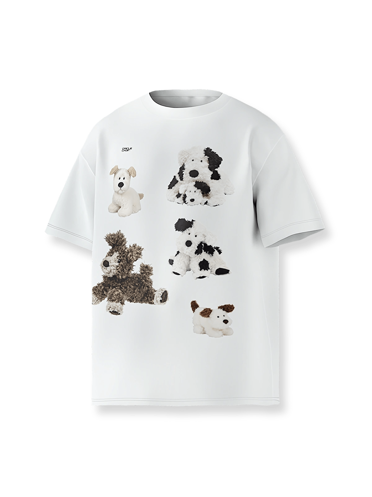 ぬいぐるみ犬のプリントが施されたヴィンテージ風Tシャツ