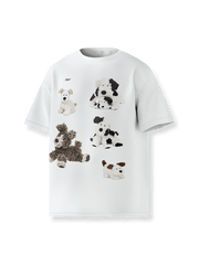 ぬいぐるみ犬のプリントが施されたヴィンテージ風Tシャツ