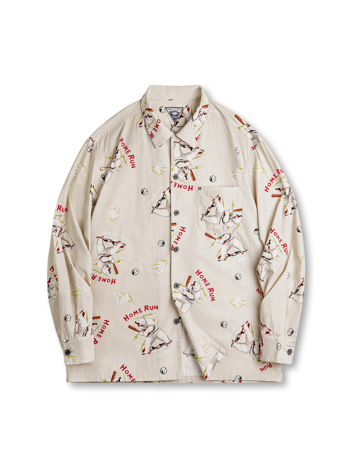 北極熊の野球プリントと「Home Run」ロゴ入り、スポーティ＆ヴィンテージ感のあるシャツ。
