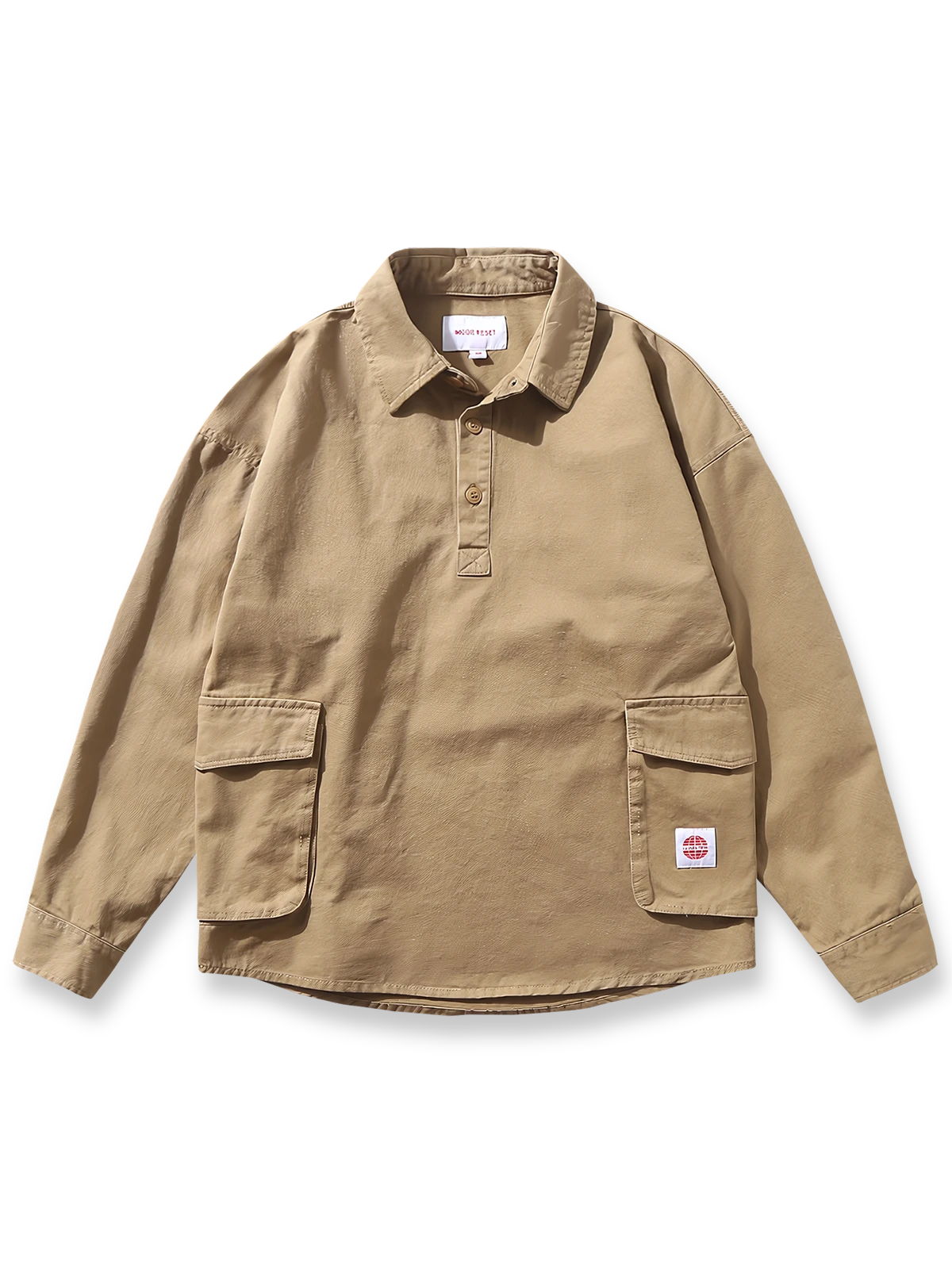 クラシックなカーキ色のコットン素材ポロカラーヴィンテージシャツ