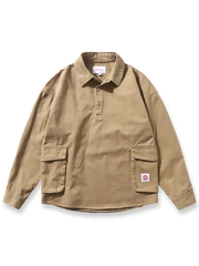 クラシックなカーキ色のコットン素材ポロカラーヴィンテージシャツ