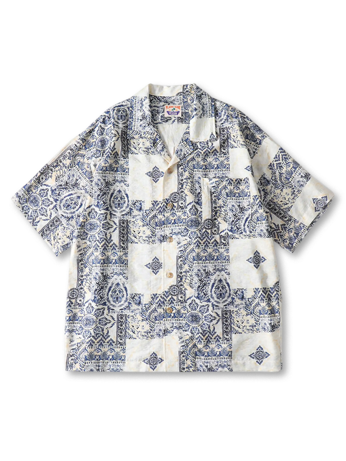 古典的な磁器タイル柄を全面にプリントしたキューバカラーシャツ