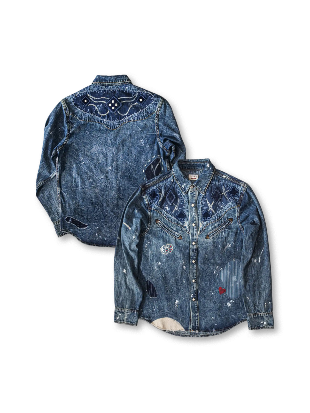 多素材パッチワークとヘビーウォッシュ加工が特徴のギャンブラー風ヴィンテージデニムシャツ。