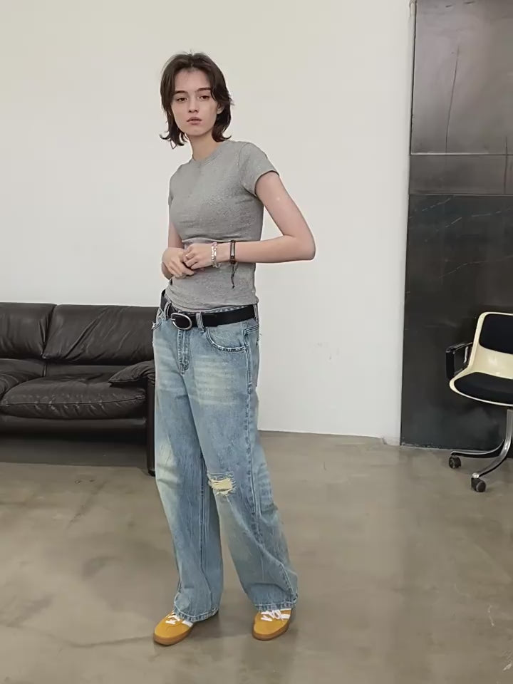 レトロ破れストレートジーンズ