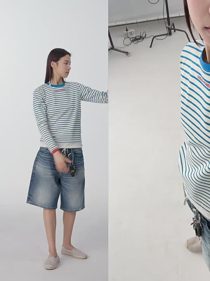 リブ切り替えストライプ長袖Tシャツ