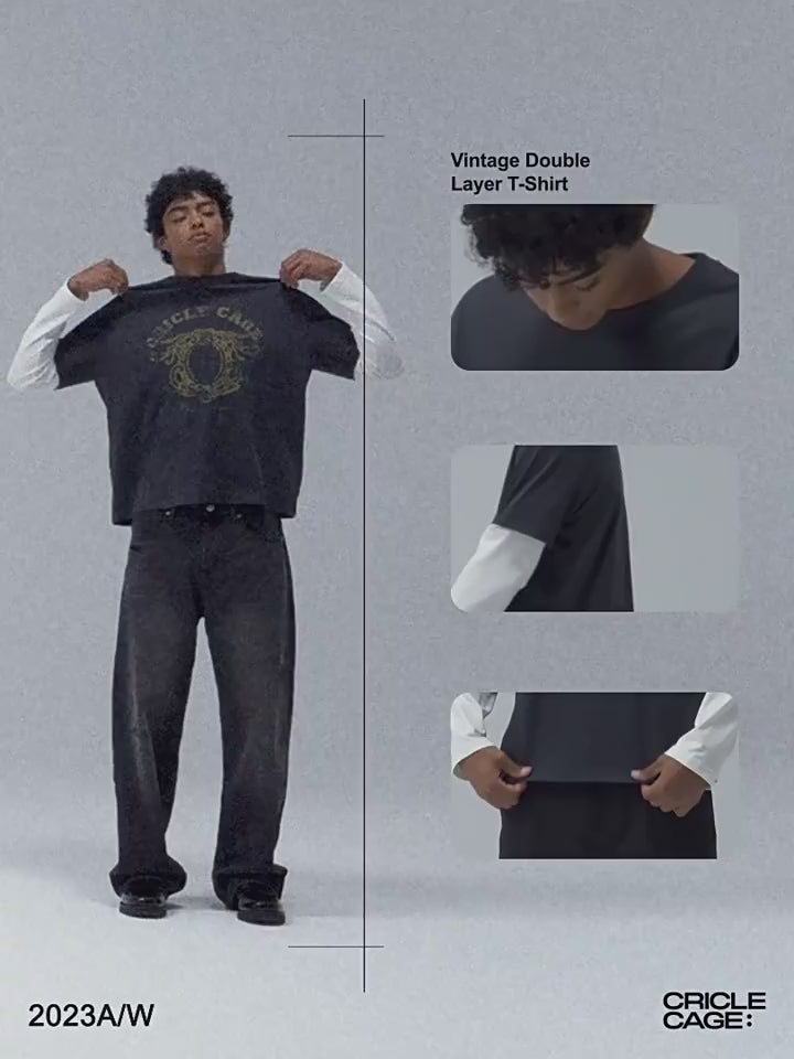 ヴィンテージ加工プリントレイヤード風長袖Tシャツ