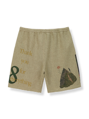 人工ラフィア素材とコットン裏地を用いたプリントラフィアショートパンツ。