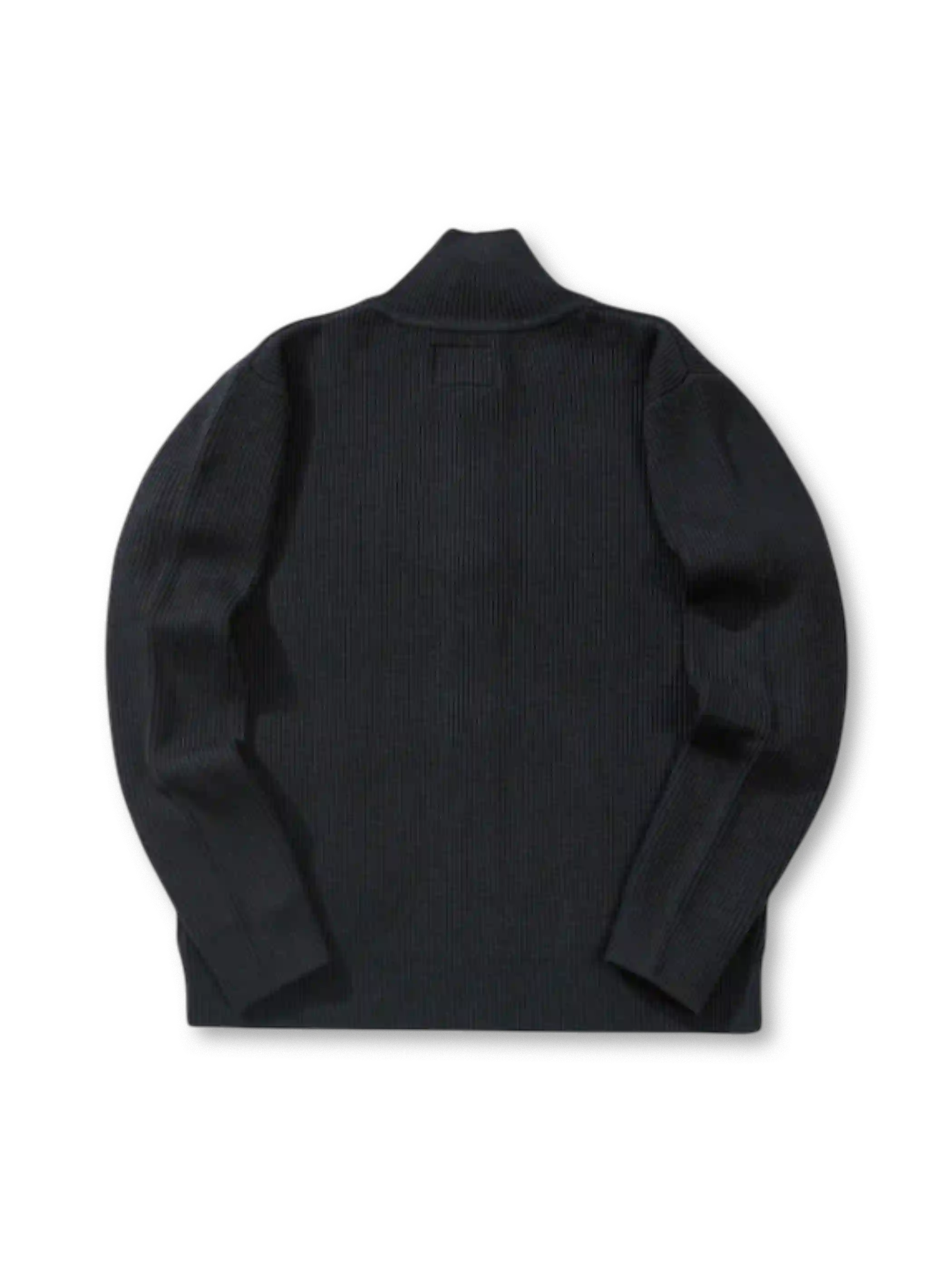 カーキのウール混ドライバーズニット、縦の畝編みとダブルファスナー、立てられる襟付き