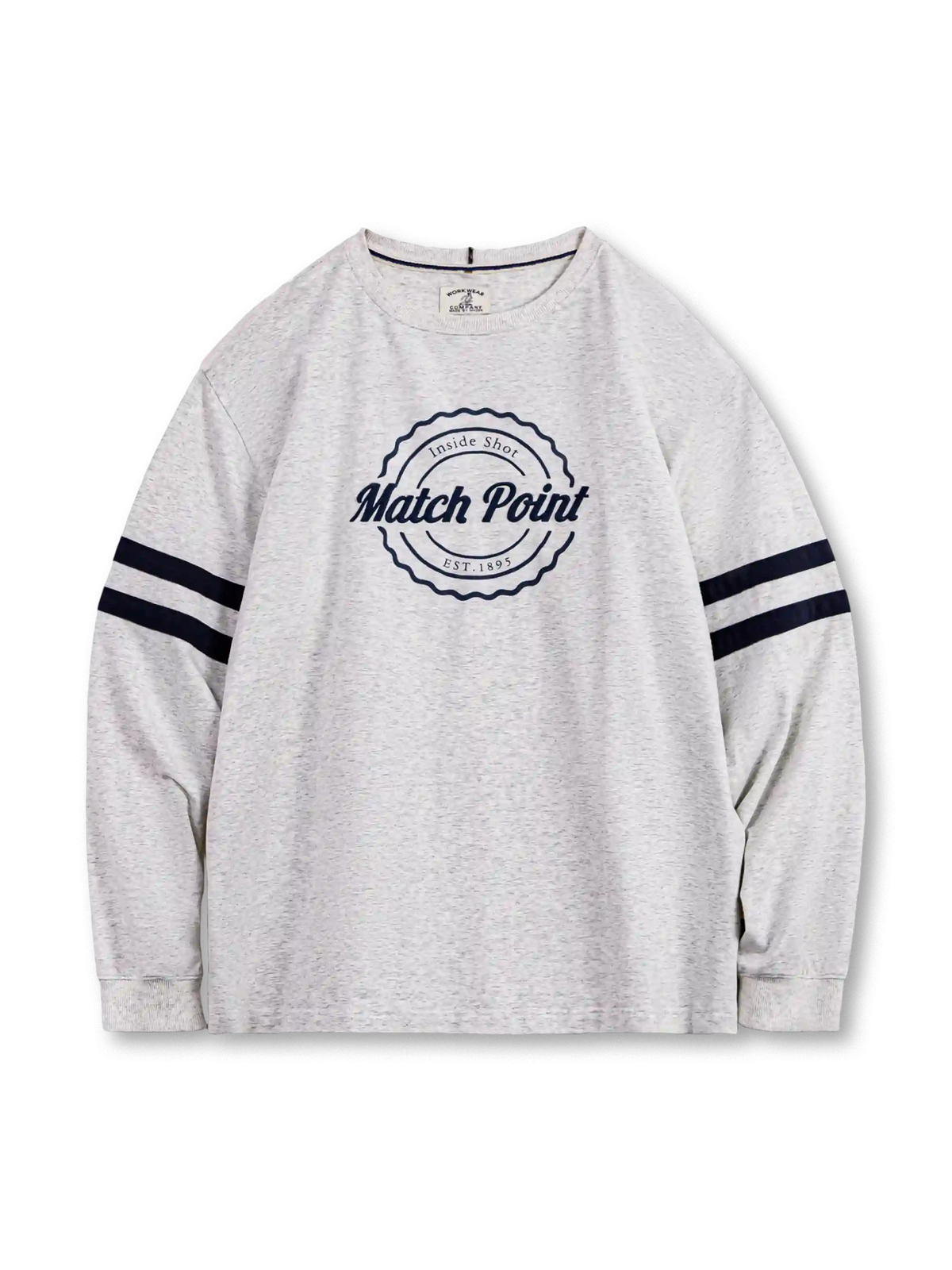 ヘザーグレーの刺繍ロングスリーブTシャツ、胸の円形刺繍と袖の紺の二本線付き