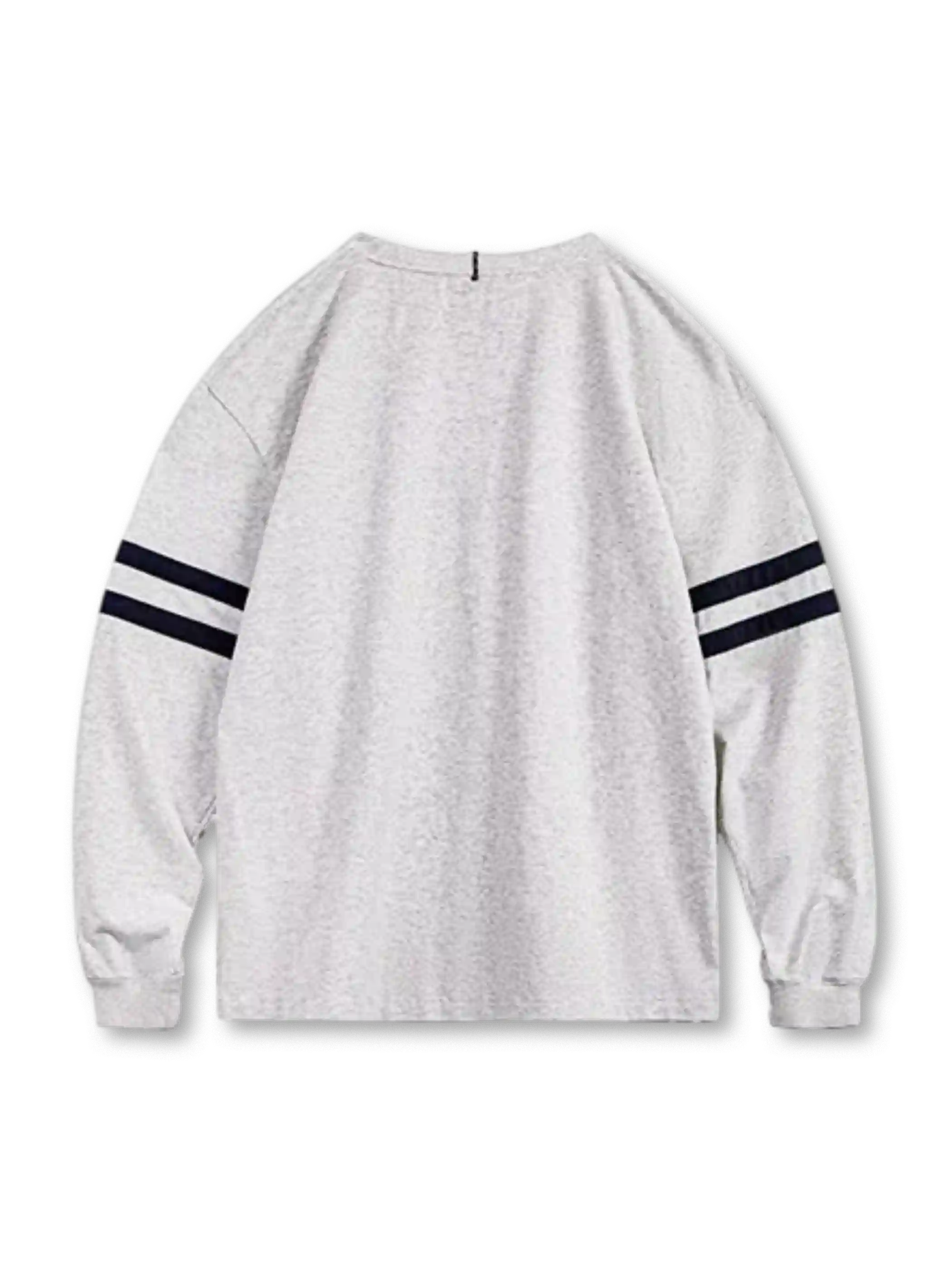 ヘザーグレーの刺繍ロングスリーブTシャツ、胸の円形刺繍と袖の紺の二本線付き