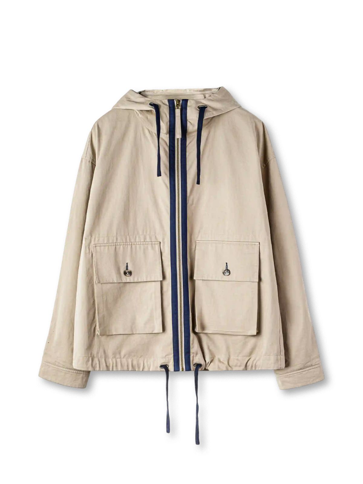 カーキのフード付きキャンバスジャケット、紺の配色ジップとドローコード、胸のフラップポケット付き