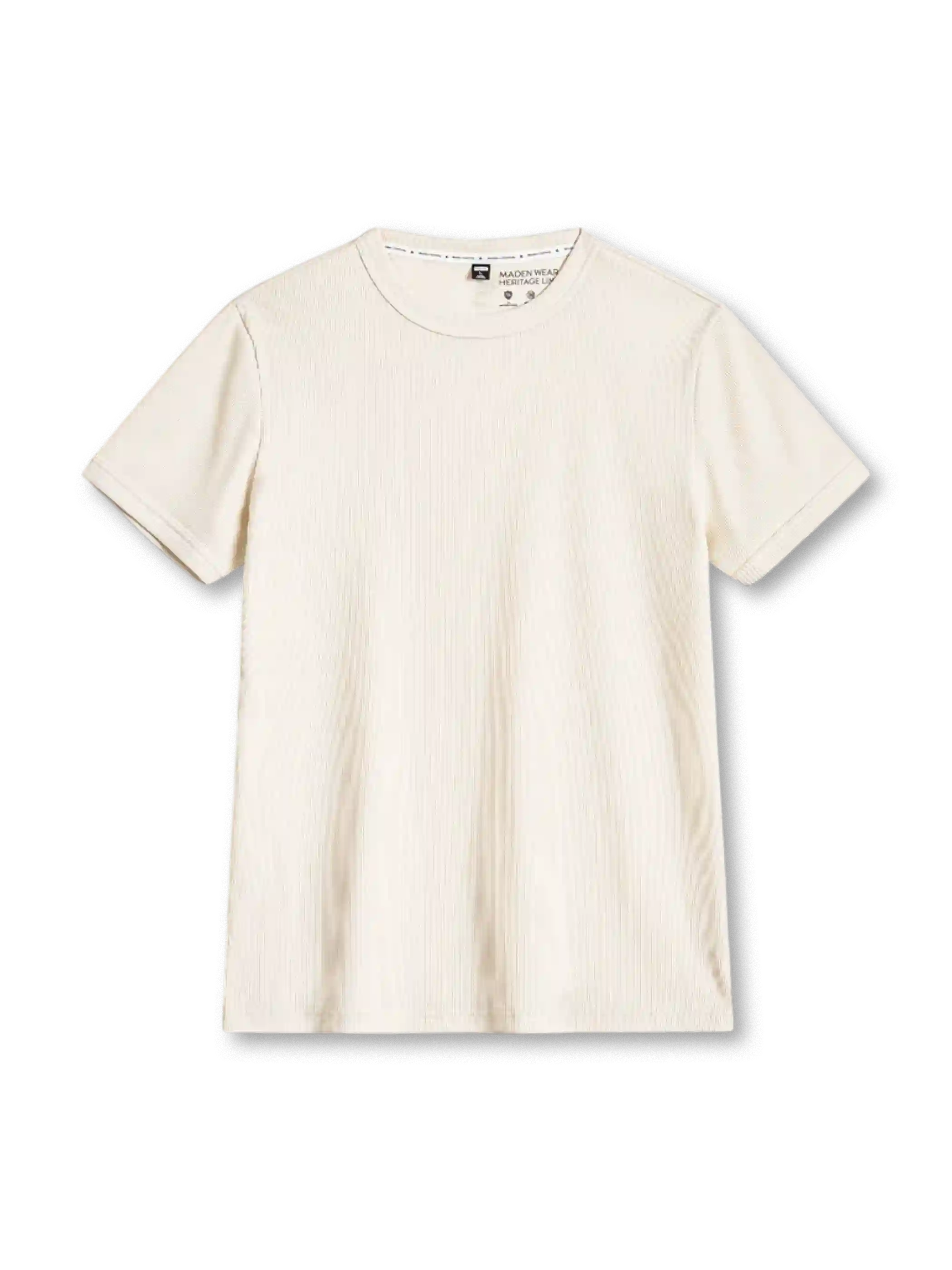 ベージュのスリムフィット リブTシャツ、縦の畝と袖口のリブ付き