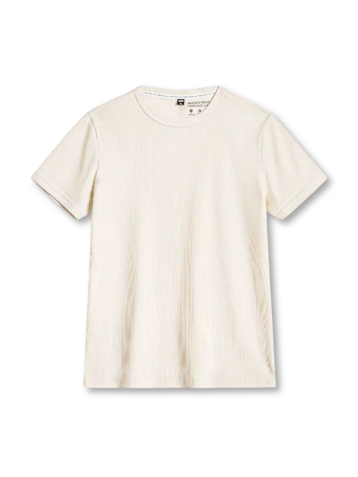 ベージュのスリムフィット リブTシャツ、縦の畝と袖口のリブ付き