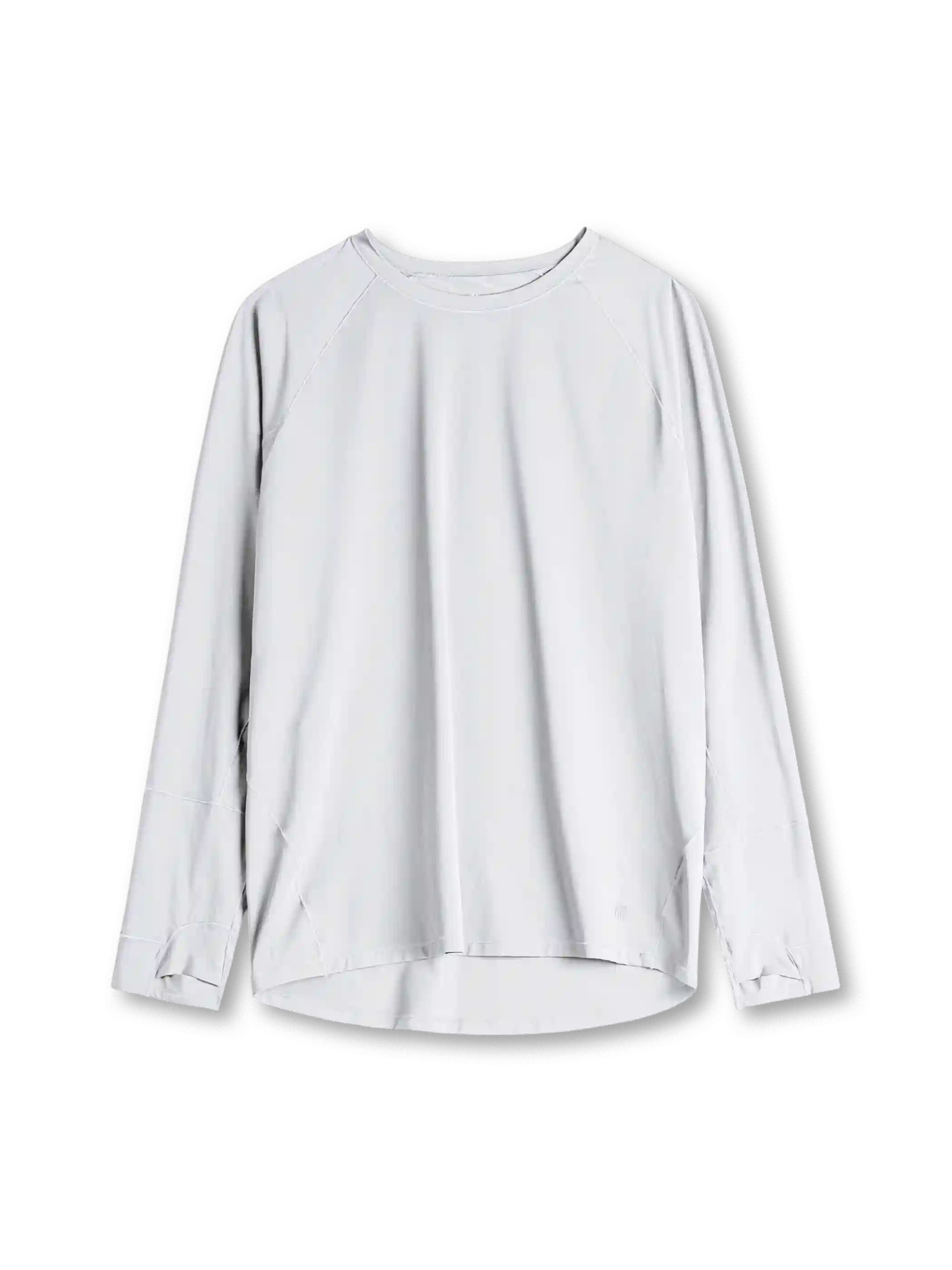 ライトグレーの速乾ロングスリーブTシャツ、クルーネックと前短後長の曲線裾