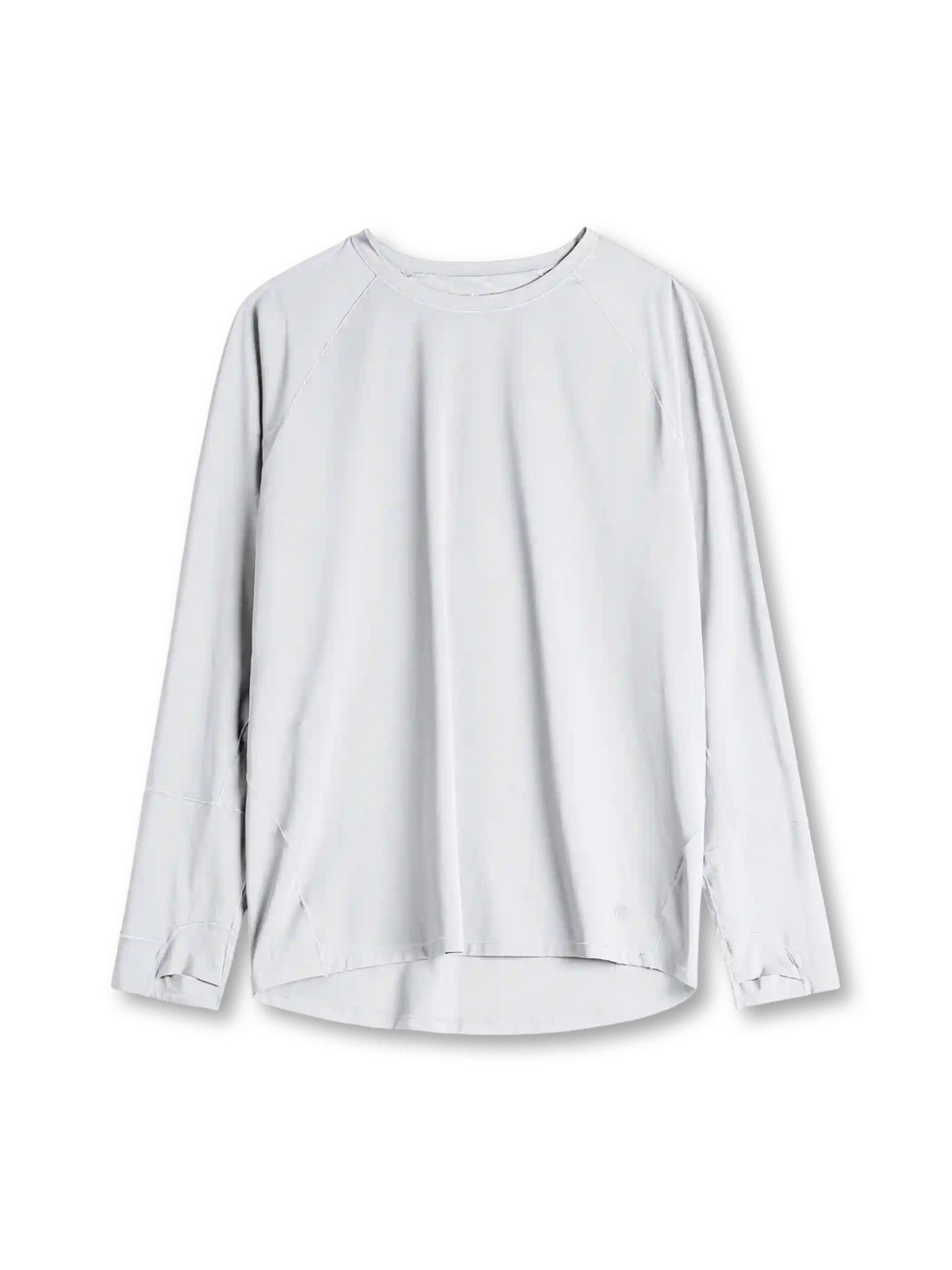 ライトグレーの速乾ロングスリーブTシャツ、クルーネックと前短後長の曲線裾
