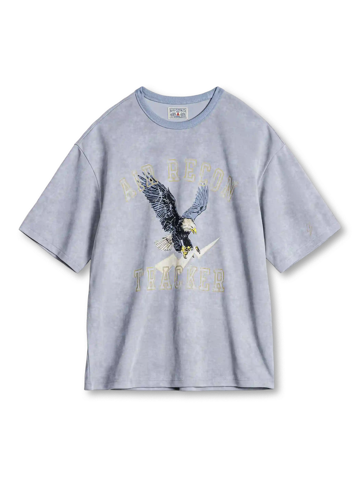 ブルーグレーのスノー加工Tシャツ、胸に稲妻を掴む鷲とアーチ状の文字のプリント