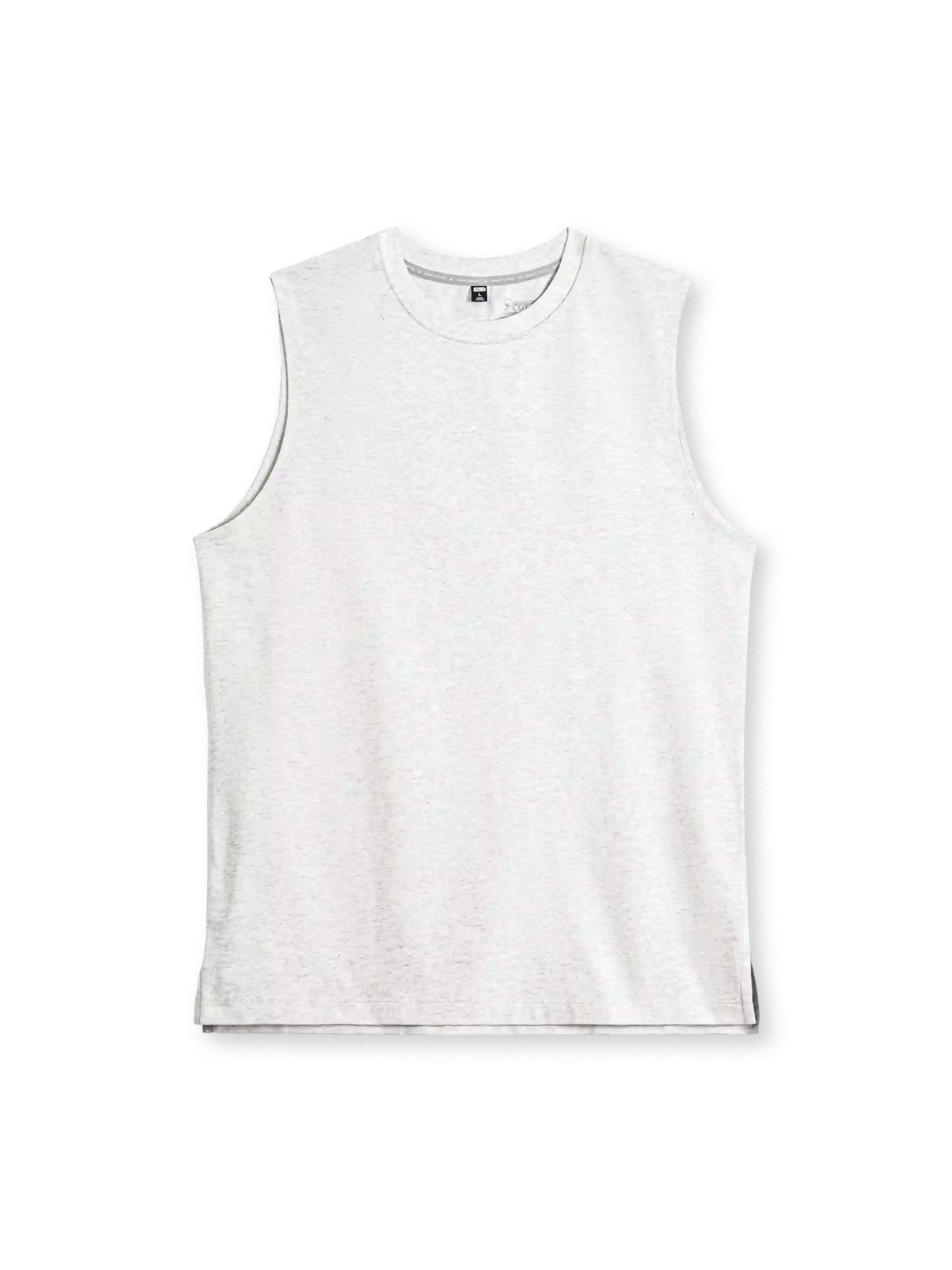 アボカドグリーンのヘビーウェイト ノースリーブTシャツ、広めの肩幅と裾のスリット付き