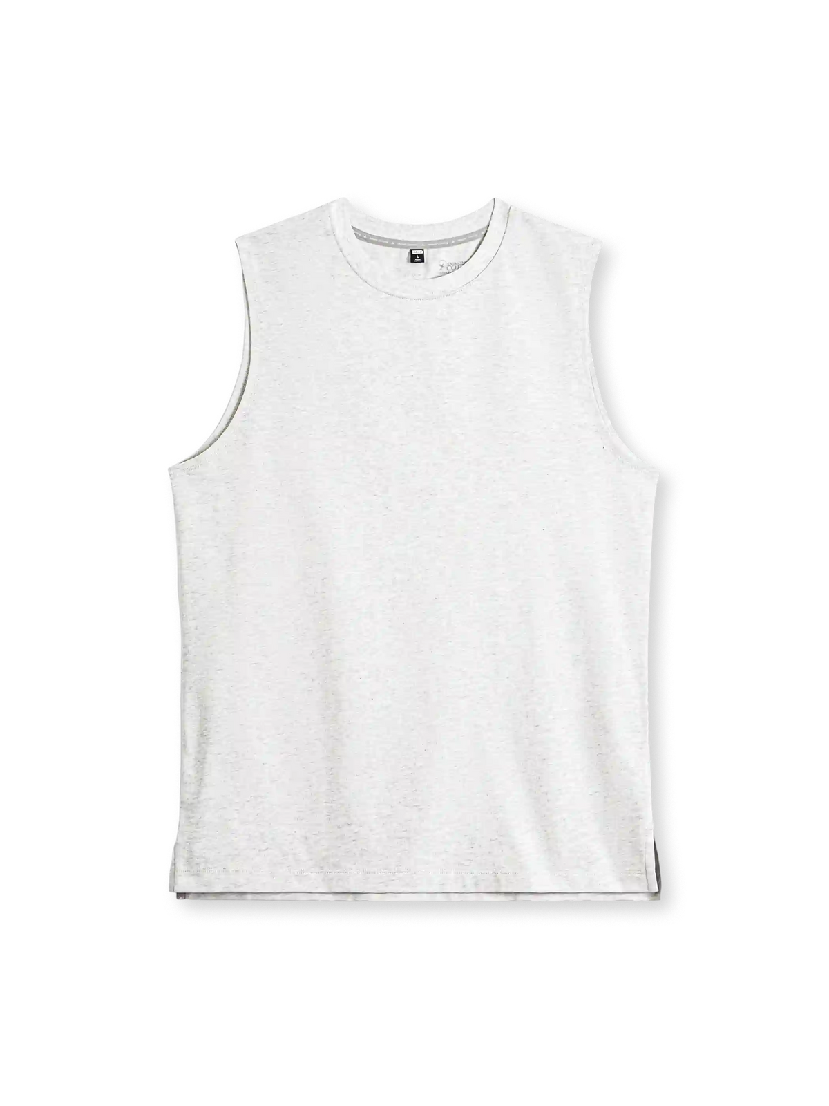 アボカドグリーンのヘビーウェイト ノースリーブTシャツ、広めの肩幅と裾のスリット付き