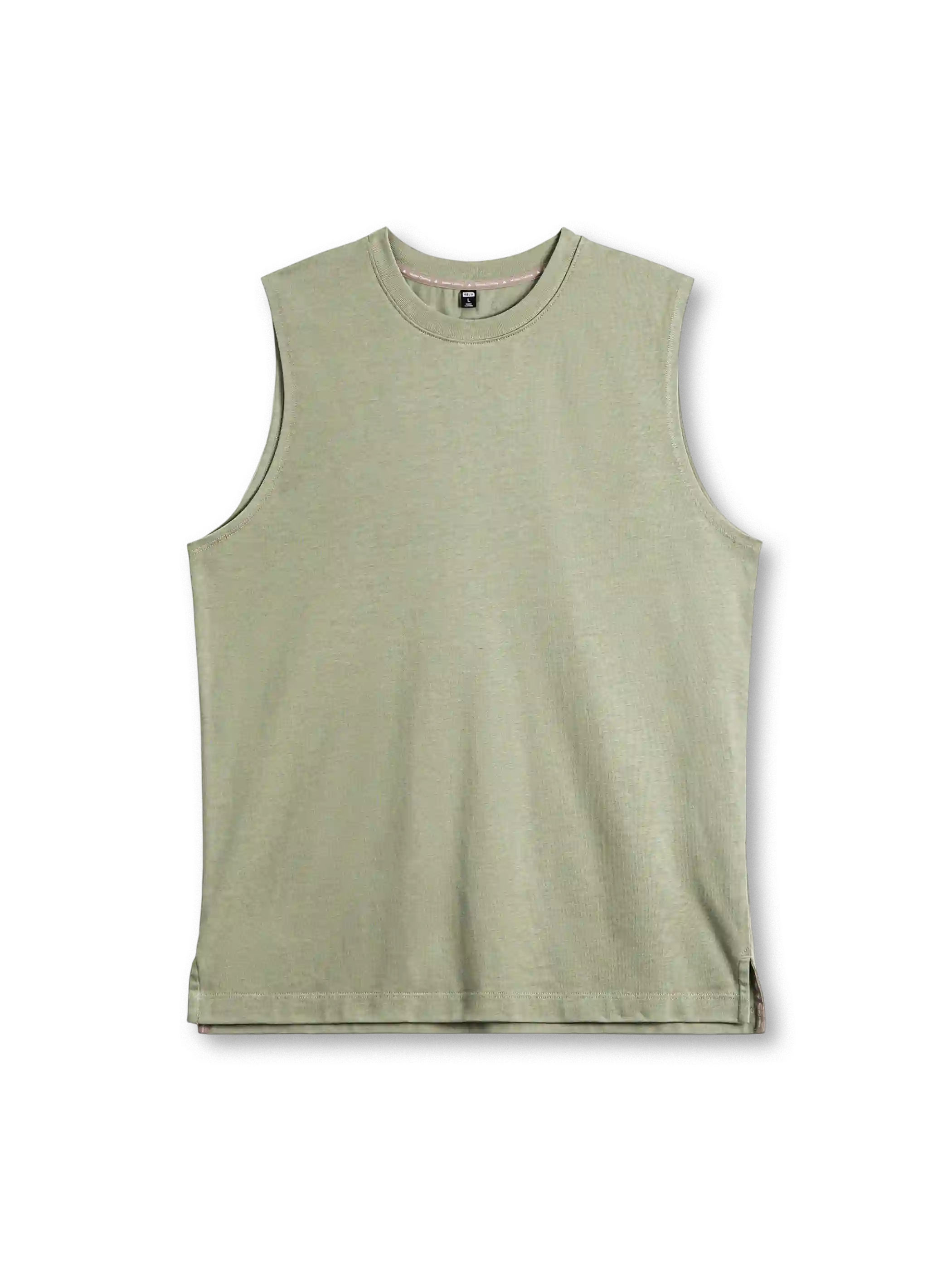 アボカドグリーンのヘビーウェイト ノースリーブTシャツ、広めの肩幅と裾のスリット付き