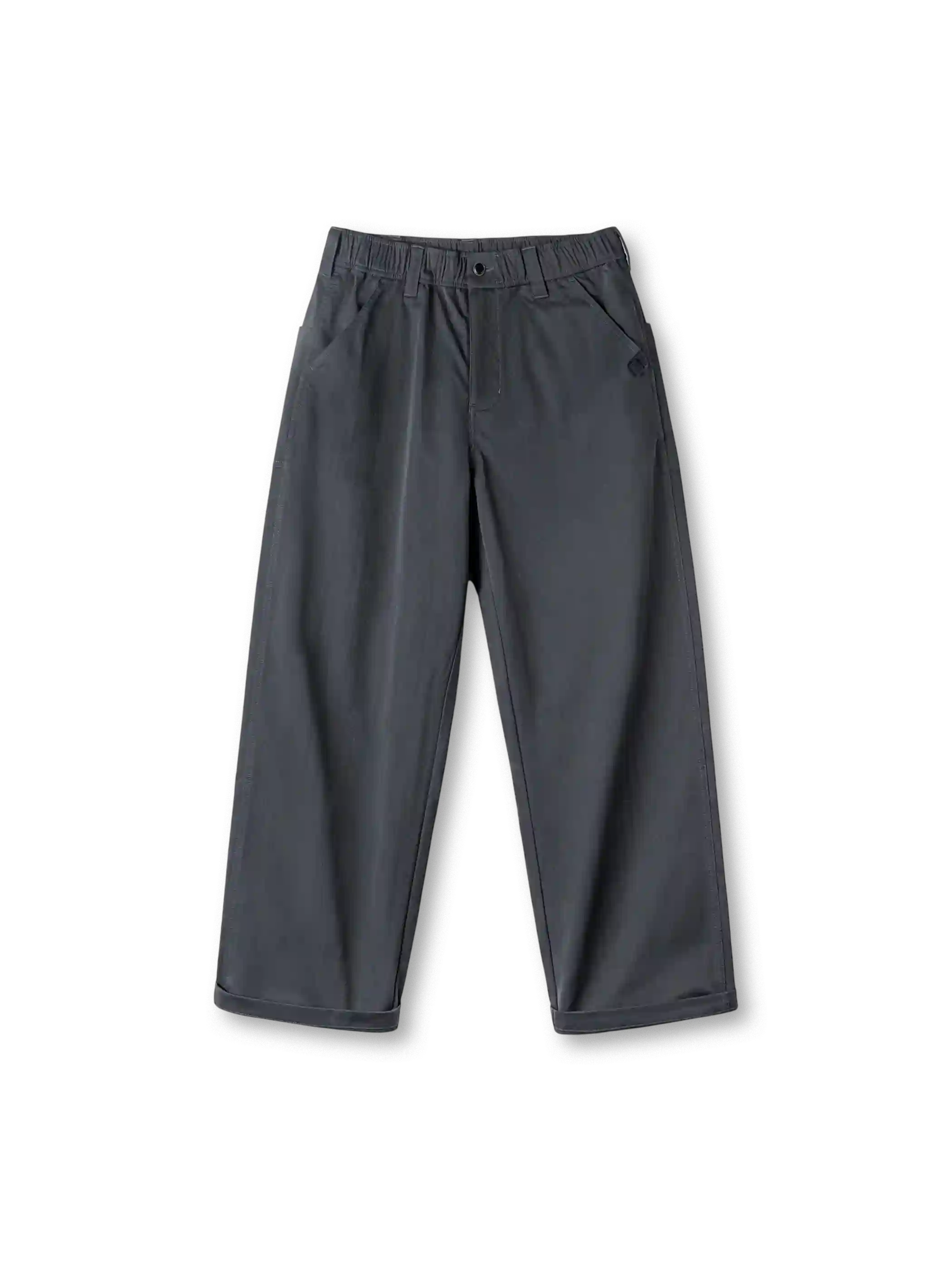 ダークグレーのヘリンボーン イージーワイドパンツ、ゴムウエストと斜めのポケット、ワイドなシルエット