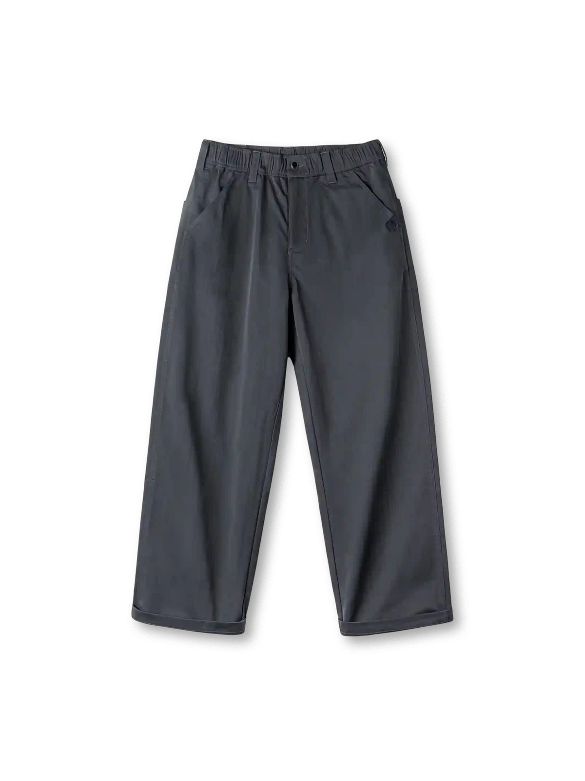 ダークグレーのヘリンボーン イージーワイドパンツ、ゴムウエストと斜めのポケット、ワイドなシルエット