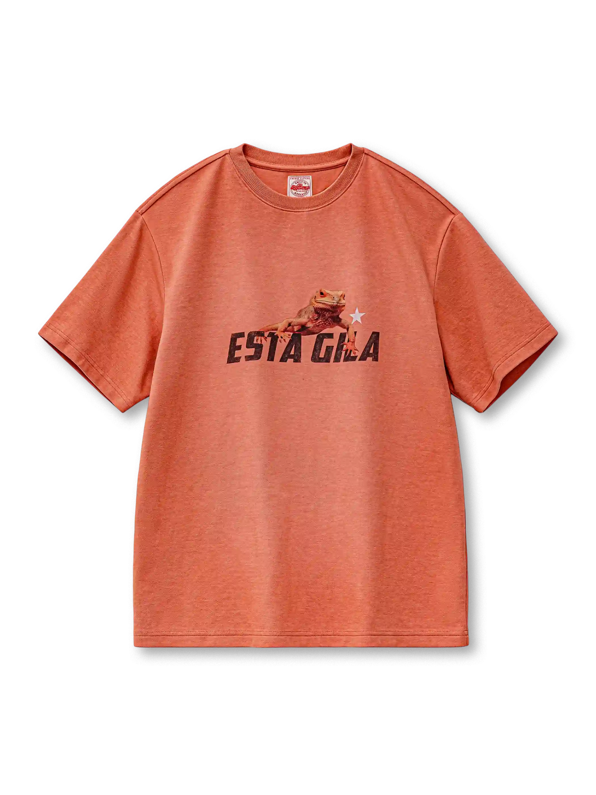 サンセットオレンジのTシャツ、胸にドクトカゲと英字、星のプリント