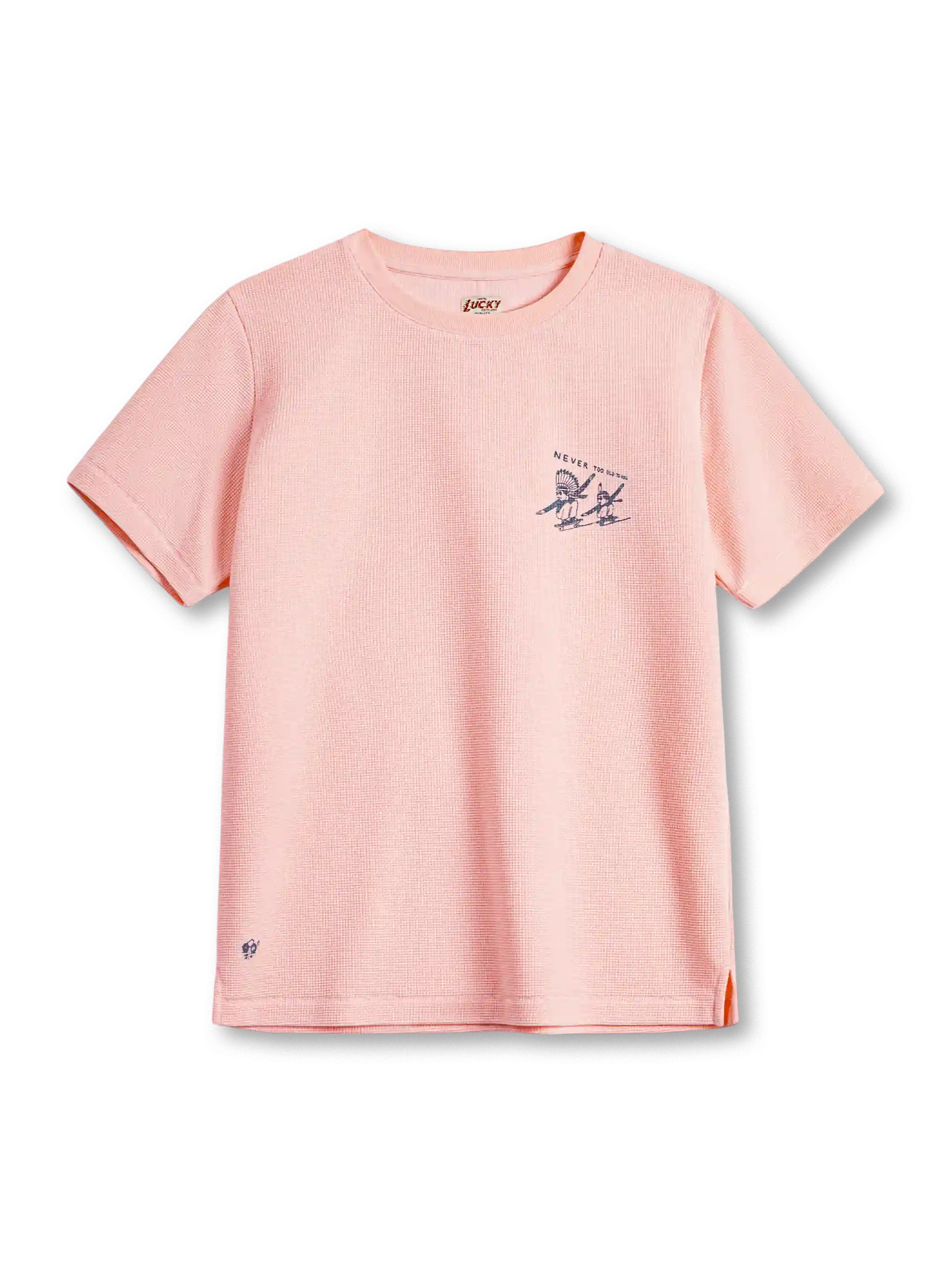 ピンクの厚手ワッフル編みTシャツ、胸元にスケートボードに乗る人物の小さなプリント