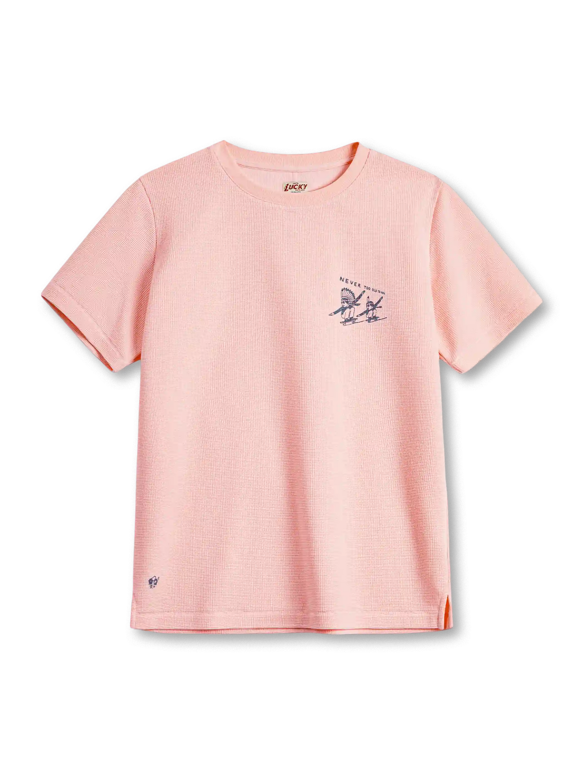 ピンクの厚手ワッフル編みTシャツ、胸元にスケートボードに乗る人物の小さなプリント