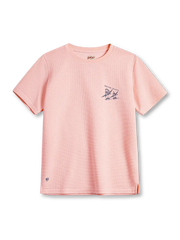 ピンクの厚手ワッフル編みTシャツ、胸元にスケートボードに乗る人物の小さなプリント