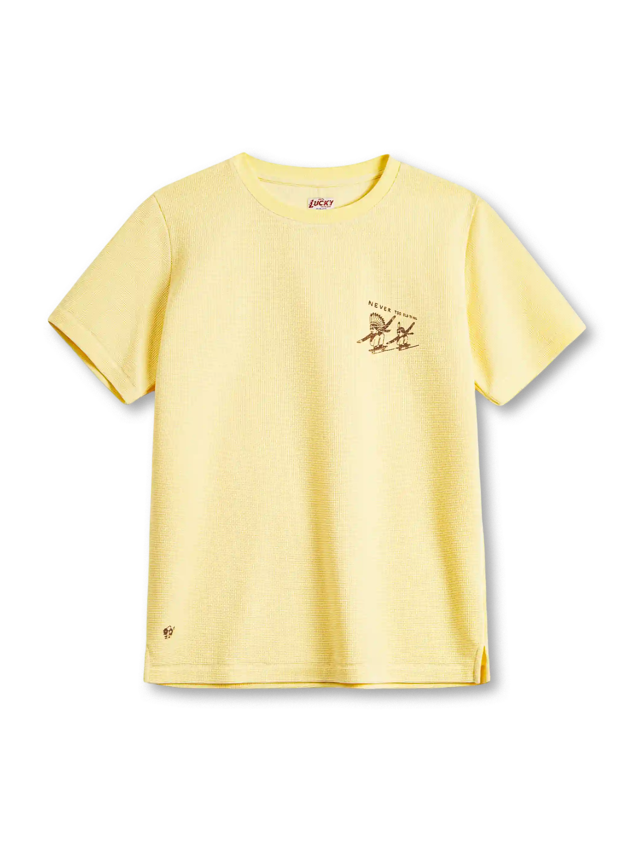 ピンクの厚手ワッフル編みTシャツ、胸元にスケートボードに乗る人物の小さなプリント