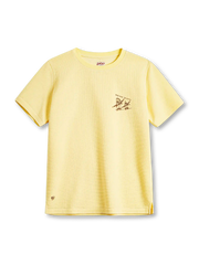 ピンクの厚手ワッフル編みTシャツ、胸元にスケートボードに乗る人物の小さなプリント