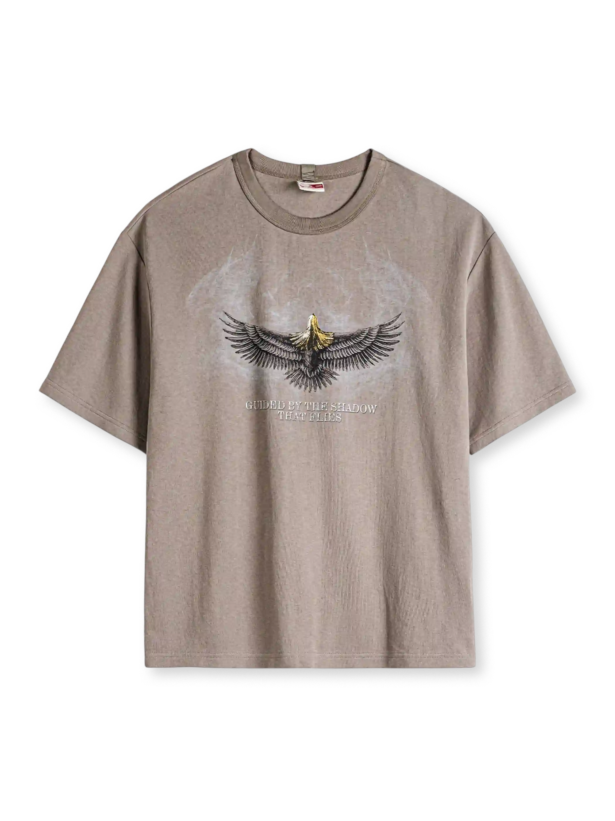 グレーブラウンのTシャツ、胸に両翼を広げた鷲と英字のプリント