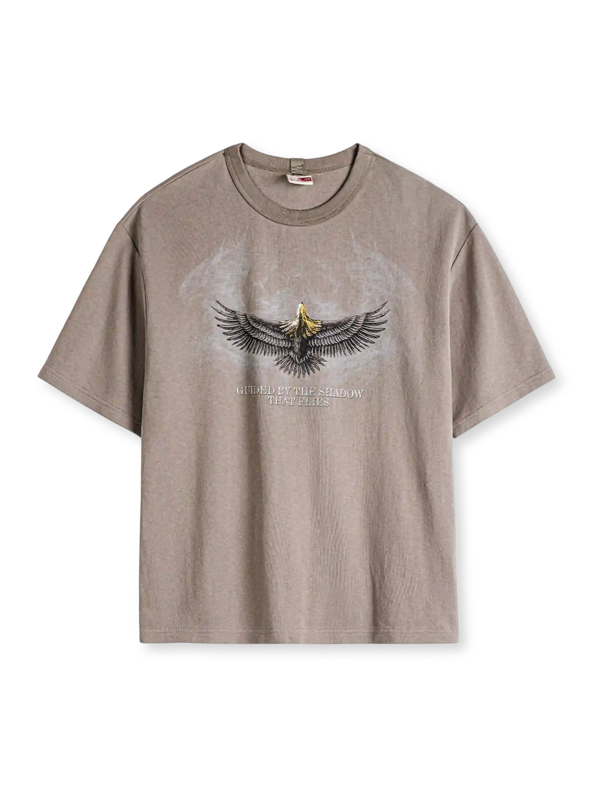 グレーブラウンのTシャツ、胸に両翼を広げた鷲と英字のプリント