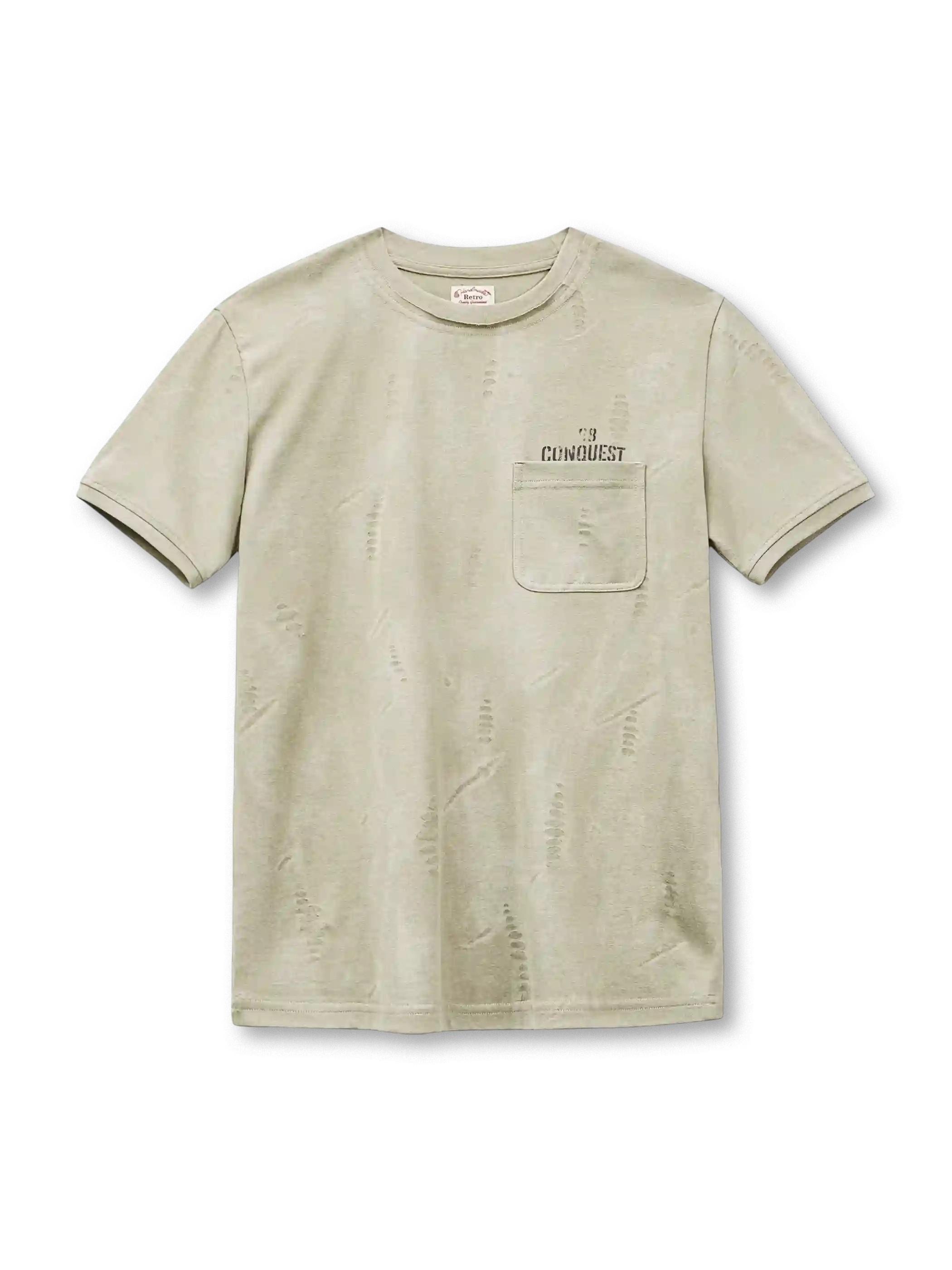 ウォッシュグリーンのポケットTシャツ、身頃の焼き抜き加工の穴と胸の英字プリント