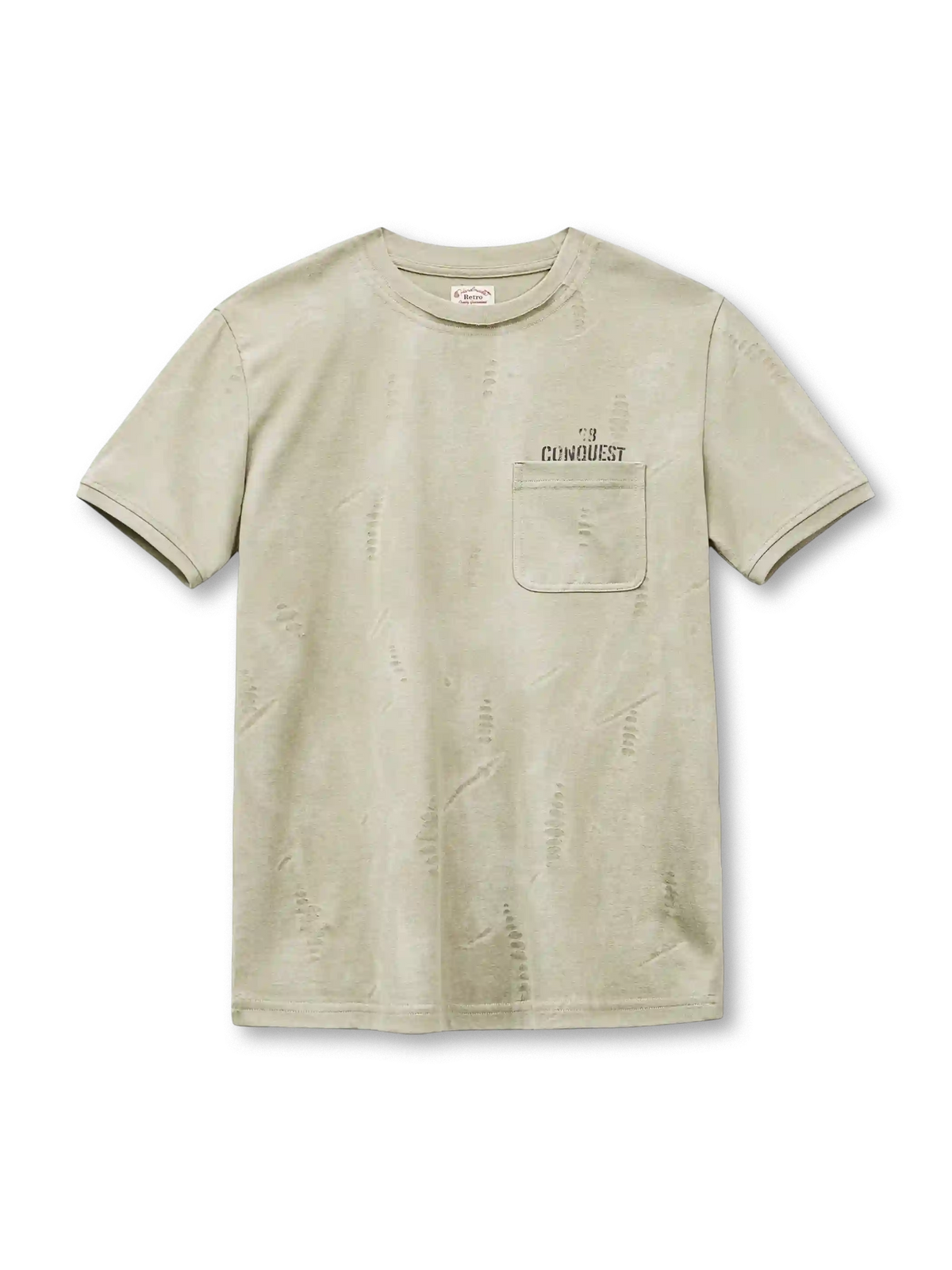 ウォッシュグリーンのポケットTシャツ、身頃の焼き抜き加工の穴と胸の英字プリント