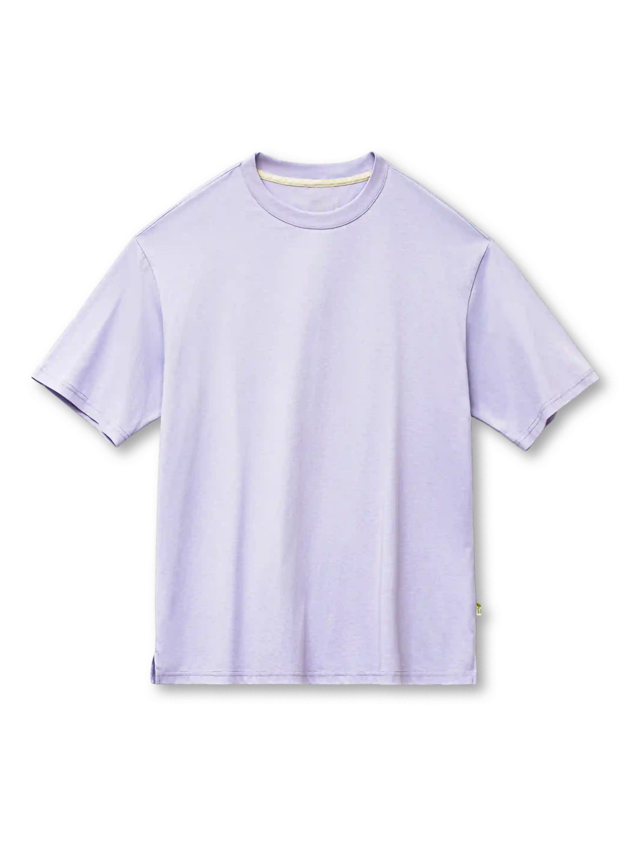 チャコールの無地クルーネックTシャツ、ドロップショルダーのゆったりとしたシルエット