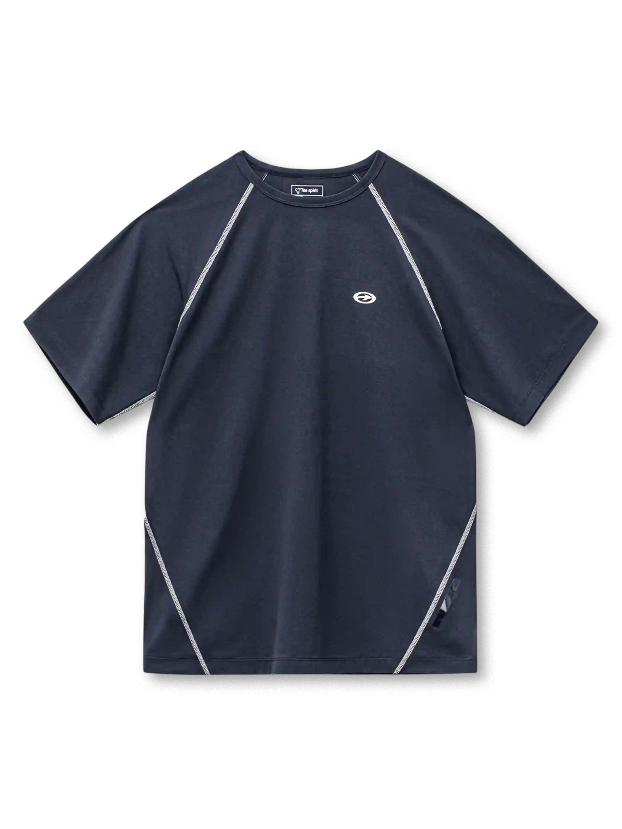 ネイビーのTシャツ、ラグラン袖と脇に沿った白い配色フラットロックステッチ
