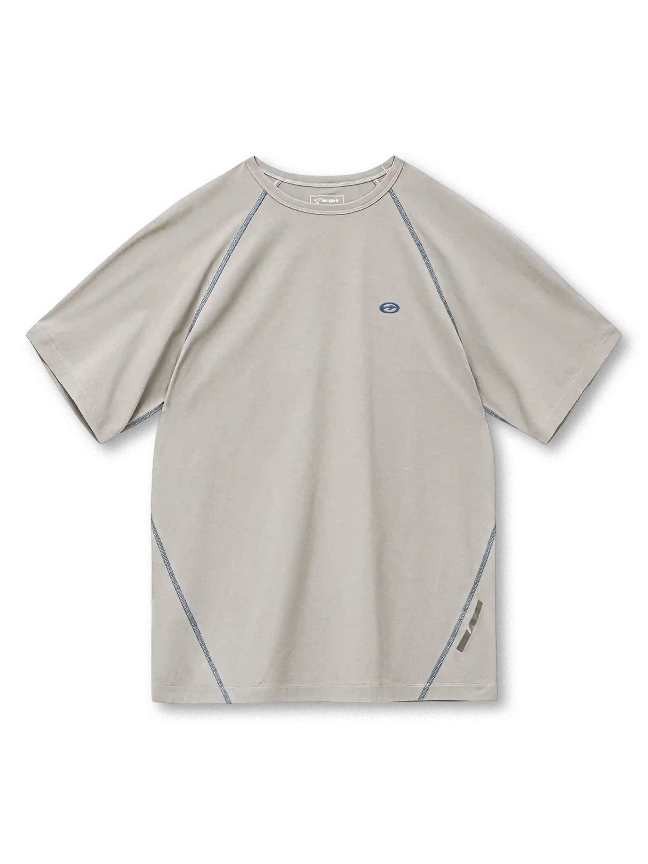 ネイビーのTシャツ、ラグラン袖と脇に沿った白い配色フラットロックステッチ