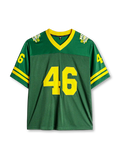ライトグレーのメッシュフットボールTシャツ、胸と肩の46の数字と水色のVネック、袖のライン