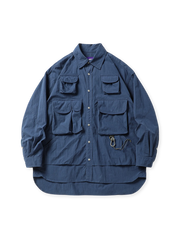 100%コットン素材のパープルタグ付きマルチポケットワークシャツ。ルーズシルエットとラウンドカット裾が特徴。