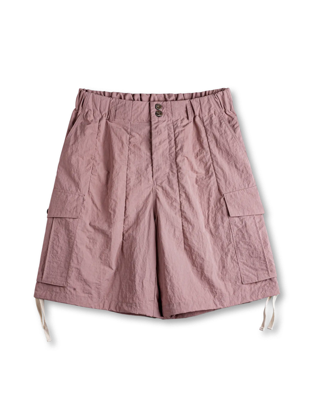 大容量ポケットとドローコード裾が映えるピンクナイロンストレートショーツ