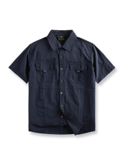 耐引裂性ナイロン素材とメッシュベント、UVカット機能が特徴の速乾アウトドア半袖ワークシャツの全体像。